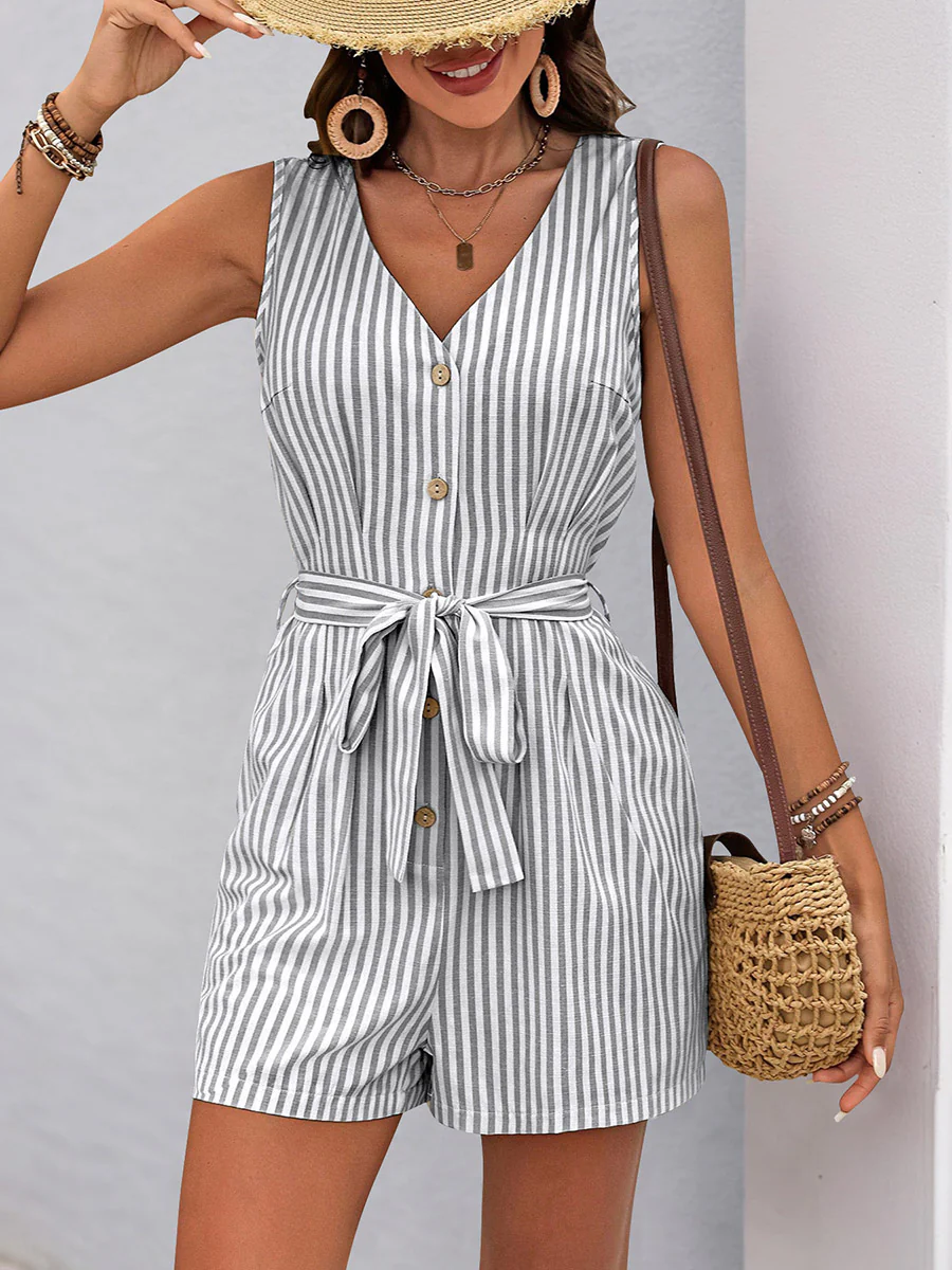 Elasticated Waist High Waisted Buttoned Pockets Striped Tied Waist V-Neck Rompers - Image 13