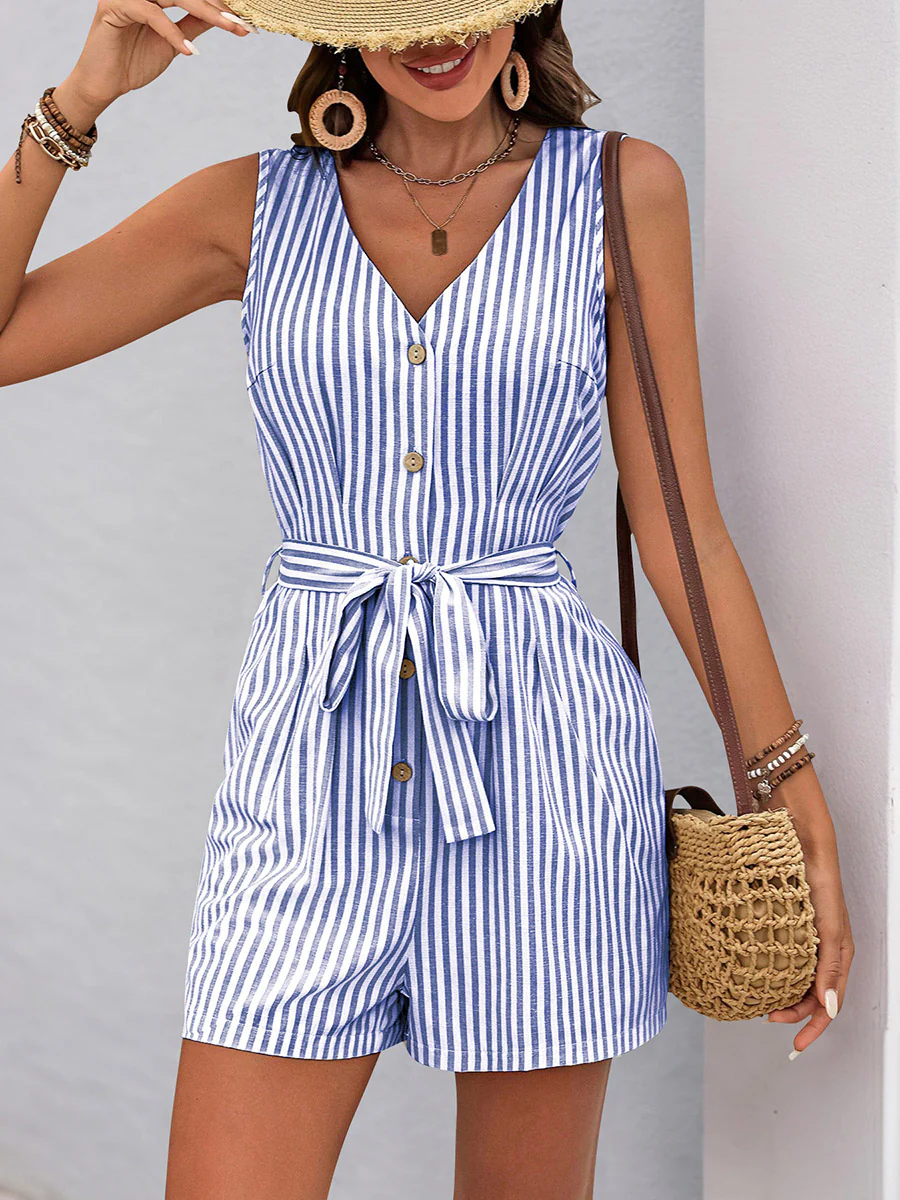 Elasticated Waist High Waisted Buttoned Pockets Striped Tied Waist V-Neck Rompers - Image 15