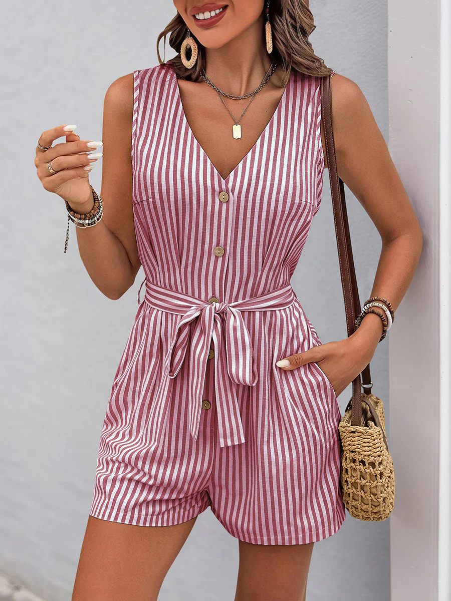 Elasticated Waist High Waisted Buttoned Pockets Striped Tied Waist V-Neck Rompers - Image 19