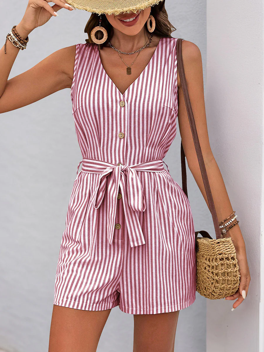Elasticated Waist High Waisted Buttoned Pockets Striped Tied Waist V-Neck Rompers - Image 20