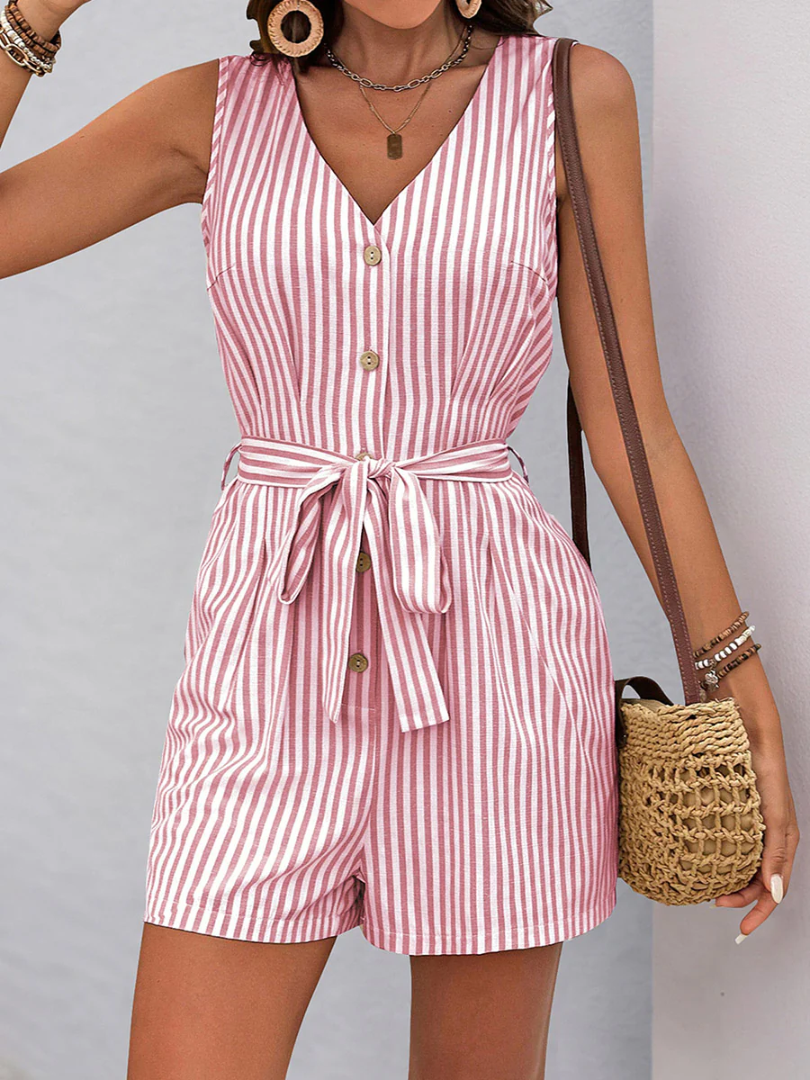 Elasticated Waist High Waisted Buttoned Pockets Striped Tied Waist V-Neck Rompers - Image 22