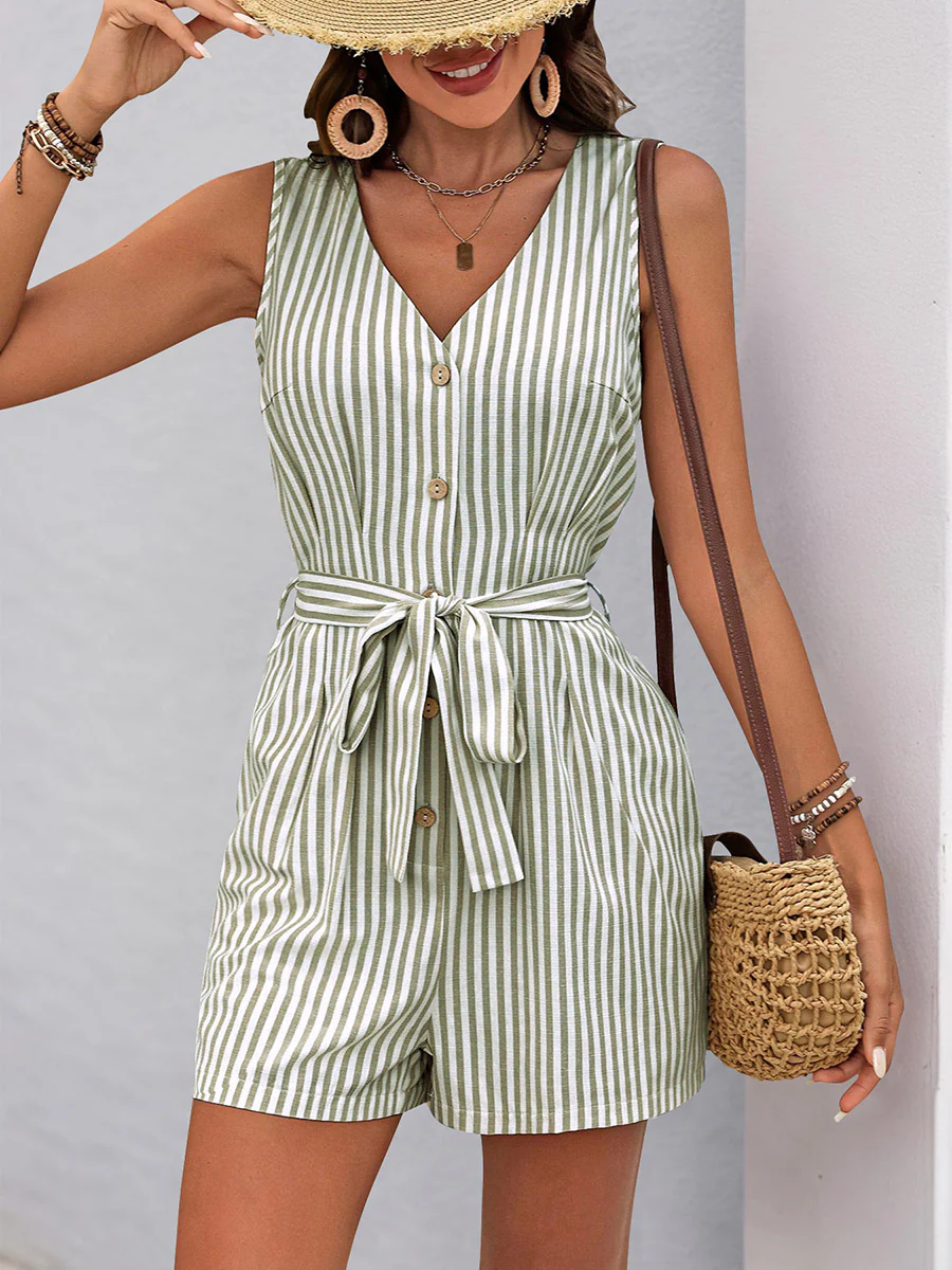 Elasticated Waist High Waisted Buttoned Pockets Striped Tied Waist V-Neck Rompers - Image 3