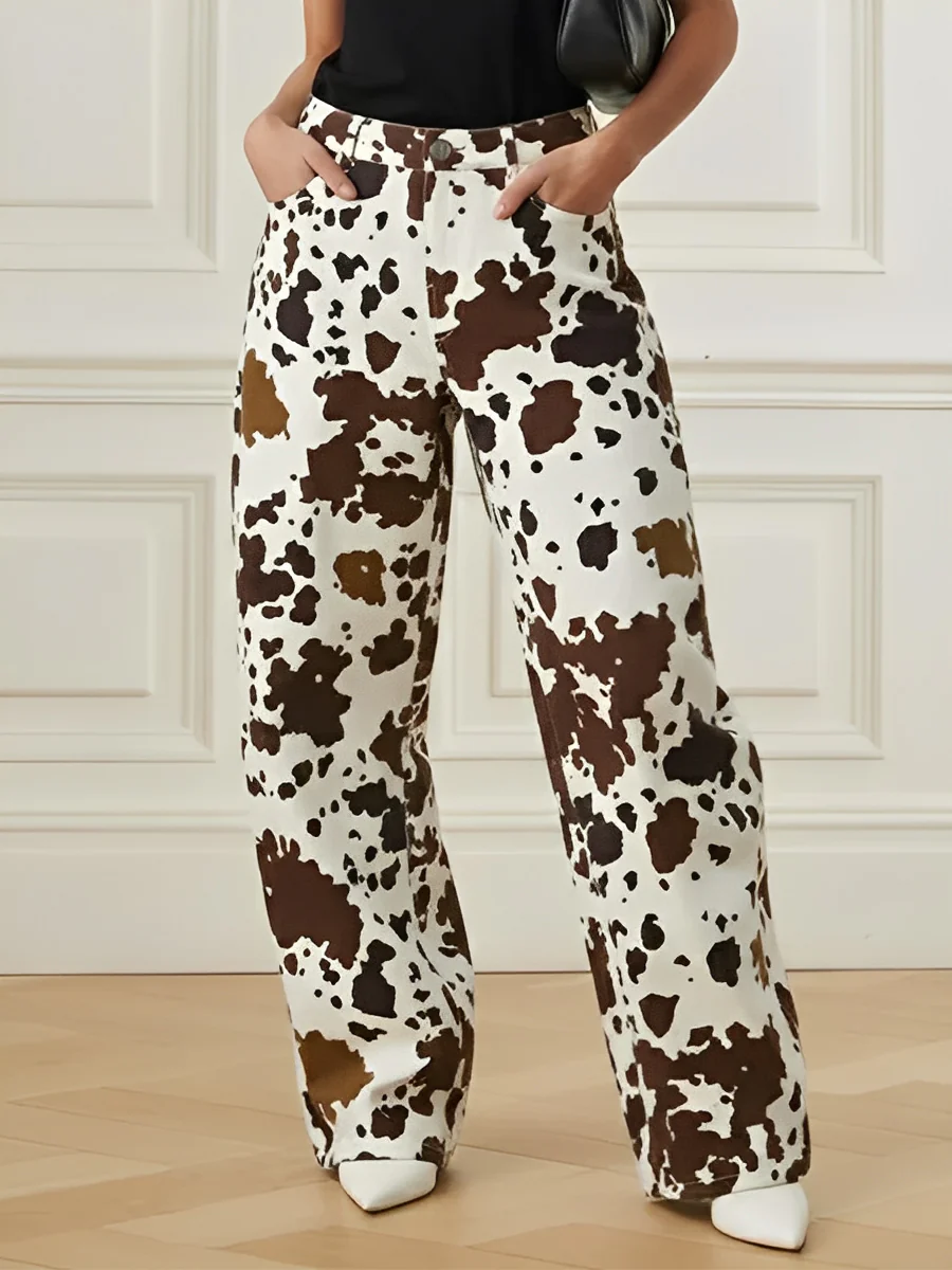 Elasticated Waist High Waisted Contrast Color Cow Printed Split-Joint Pants - Image 2