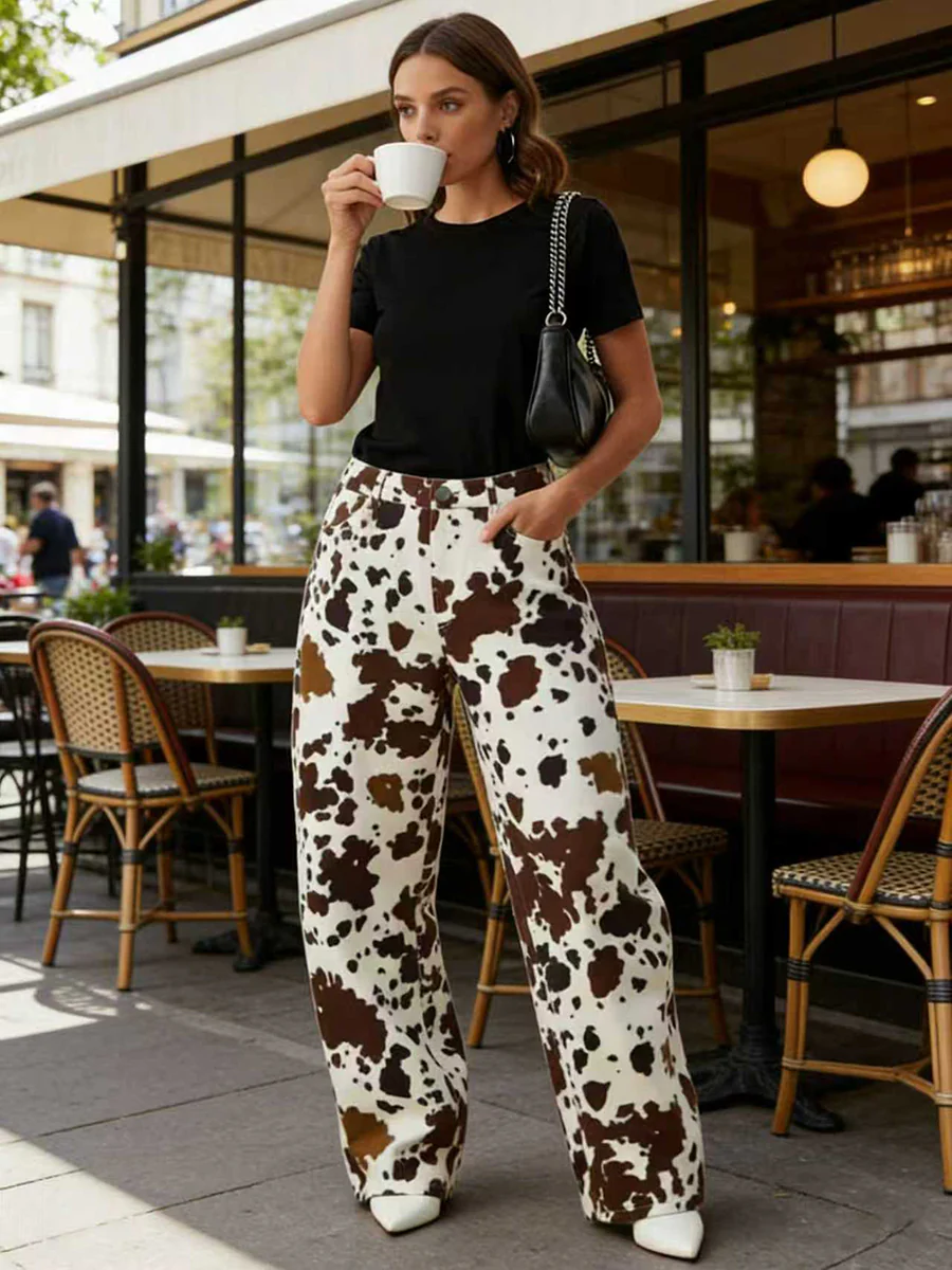 Elasticated Waist High Waisted Contrast Color Cow Printed Split-Joint Pants - Image 3