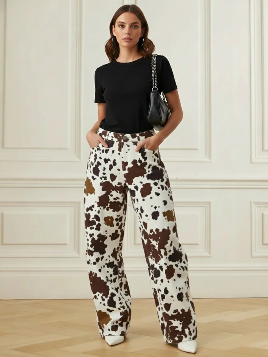 Elasticated Waist High Waisted Contrast Color Cow Printed Split-Joint Pants - Image 4