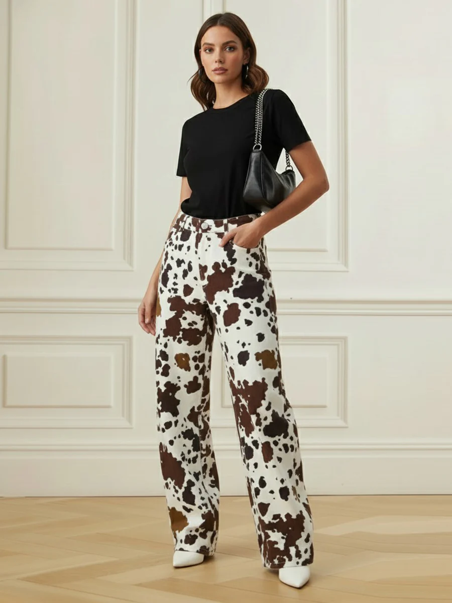 Elasticated Waist High Waisted Contrast Color Cow Printed Split-Joint Pants - Image 5