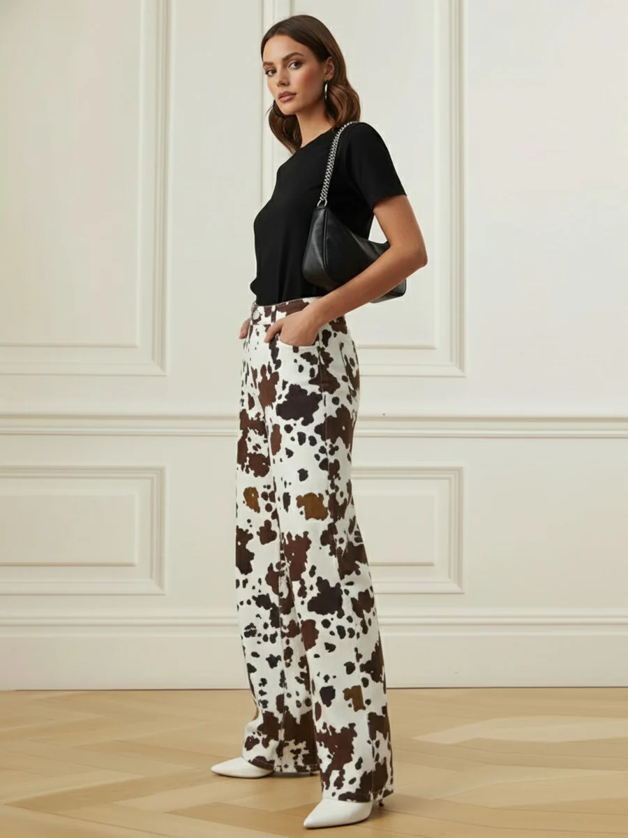 Elasticated Waist High Waisted Contrast Color Cow Printed Split-Joint Pants - Image 6