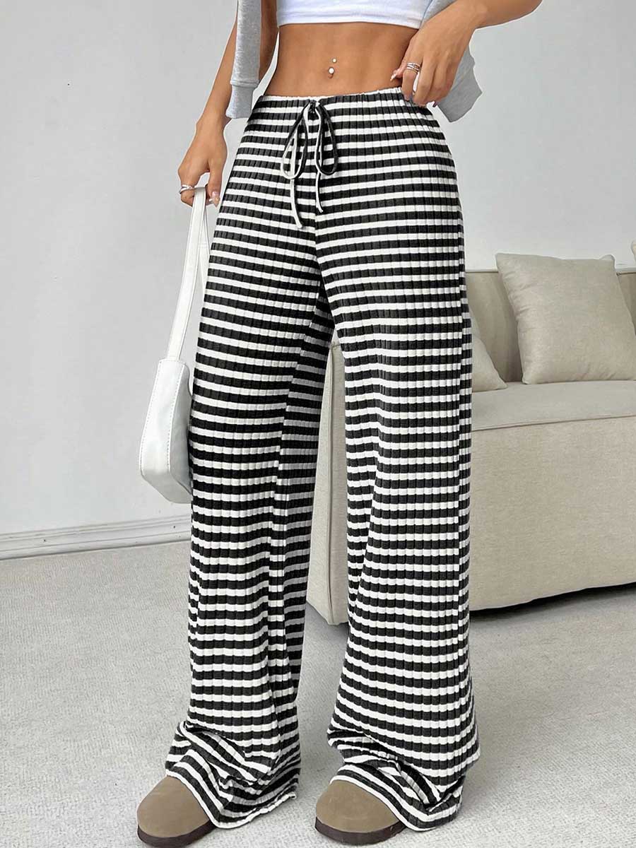 Elasticated Waist High Waisted Contrast Color Drawstring Split-Joint Striped Pants - Image 10