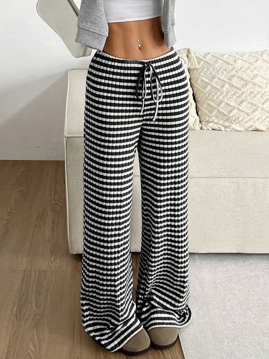 Elasticated Waist High Waisted Contrast Color Drawstring Split-Joint Striped Pants - Image 11