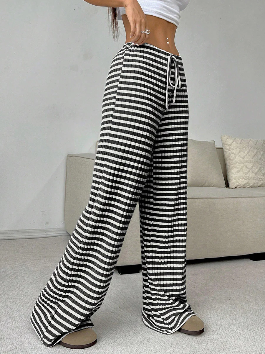 Elasticated Waist High Waisted Contrast Color Drawstring Split-Joint Striped Pants - Image 12