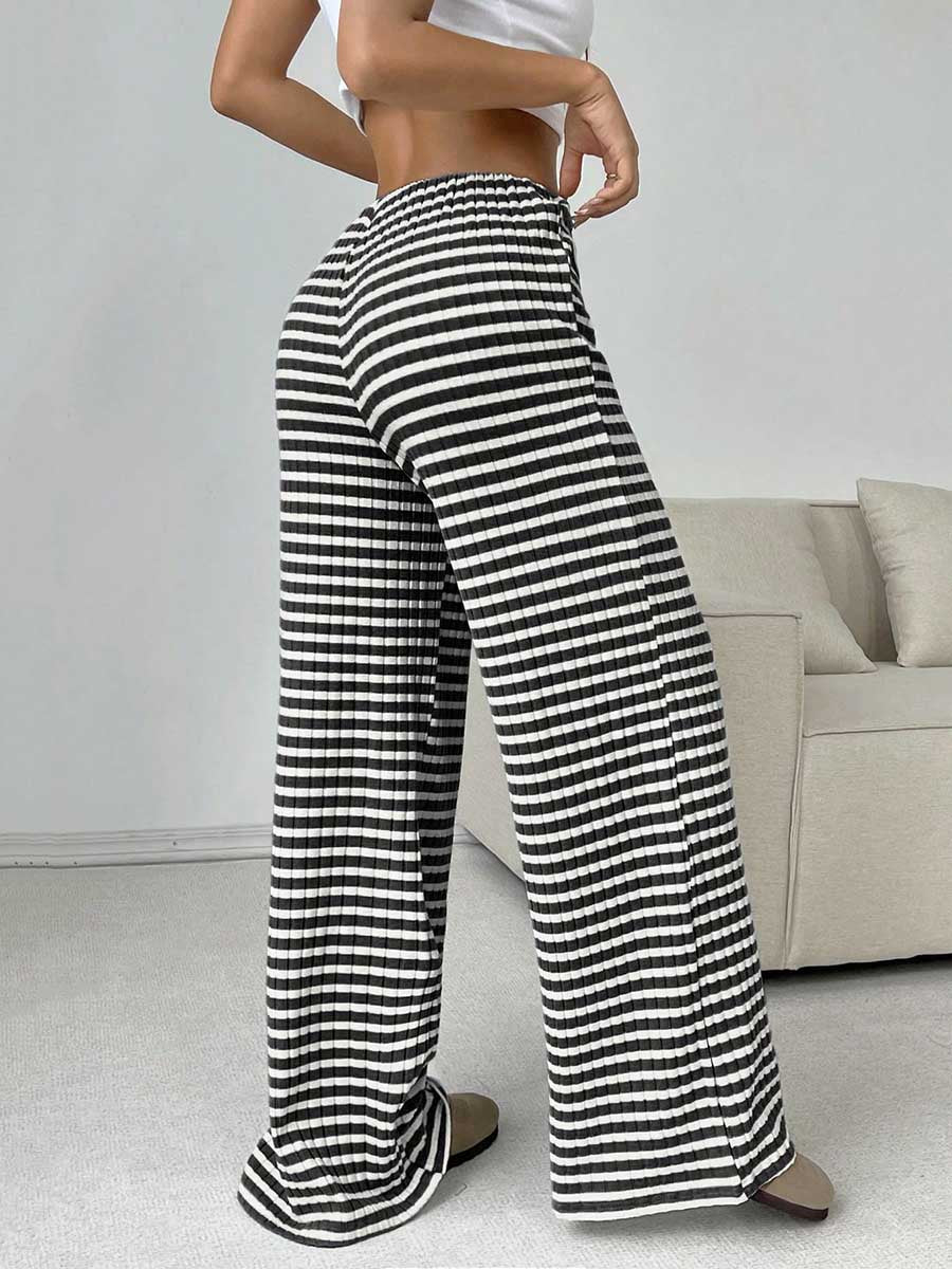 Elasticated Waist High Waisted Contrast Color Drawstring Split-Joint Striped Pants - Image 13