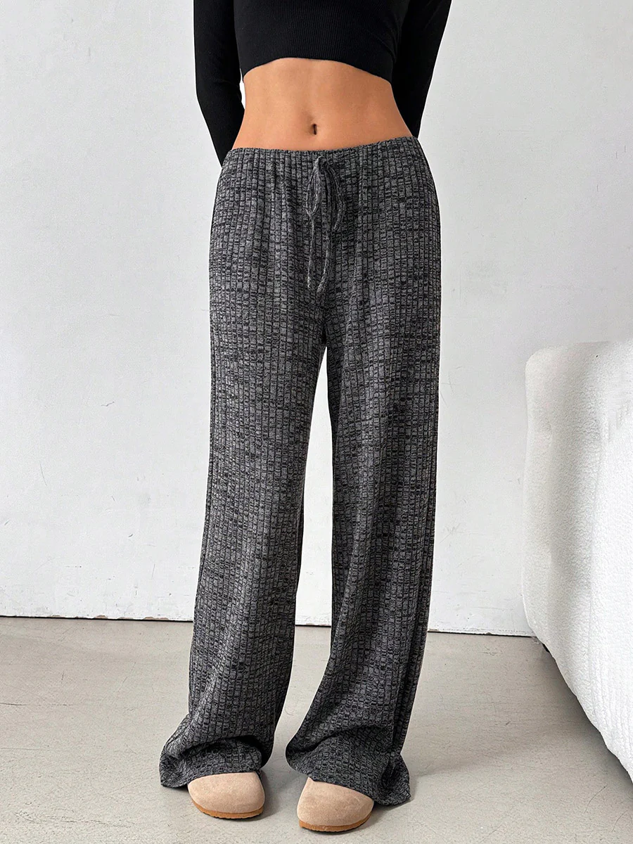 Elasticated Waist High Waisted Contrast Color Drawstring Split-Joint Striped Pants - Image 14