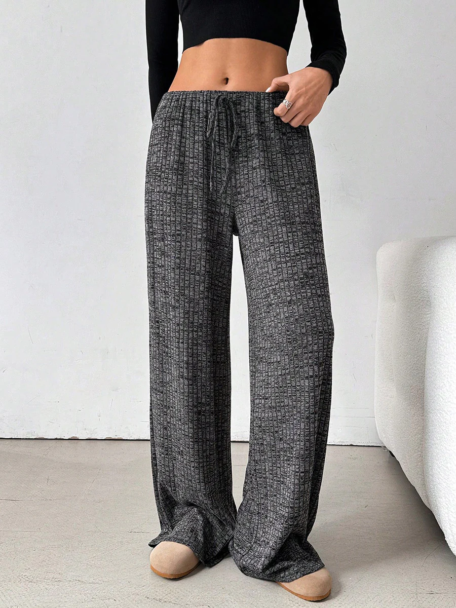 Elasticated Waist High Waisted Contrast Color Drawstring Split-Joint Striped Pants - Image 16