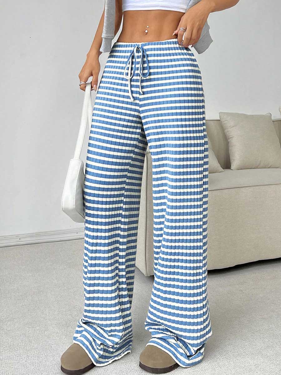 Elasticated Waist High Waisted Contrast Color Drawstring Split-Joint Striped Pants - Image 19