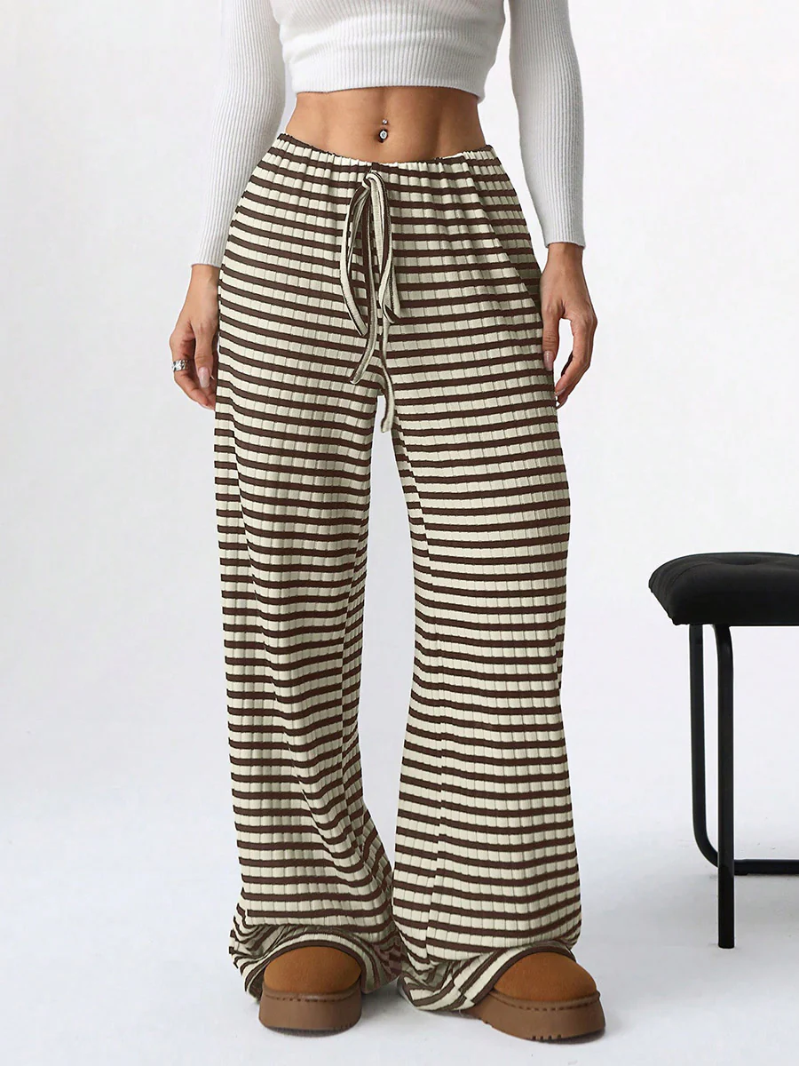 Elasticated Waist High Waisted Contrast Color Drawstring Split-Joint Striped Pants - Image 2