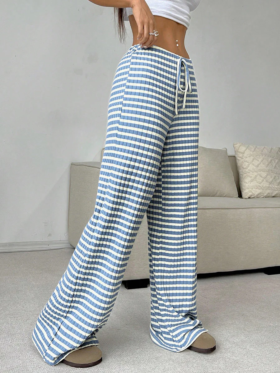 Elasticated Waist High Waisted Contrast Color Drawstring Split-Joint Striped Pants - Image 20