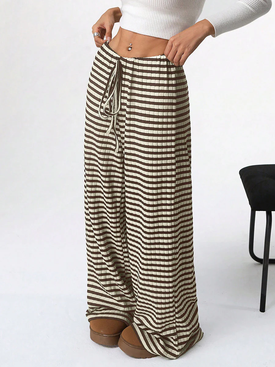 Elasticated Waist High Waisted Contrast Color Drawstring Split-Joint Striped Pants - Image 22