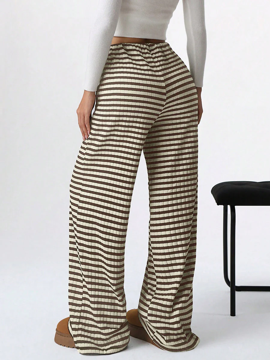 Elasticated Waist High Waisted Contrast Color Drawstring Split-Joint Striped Pants - Image 23