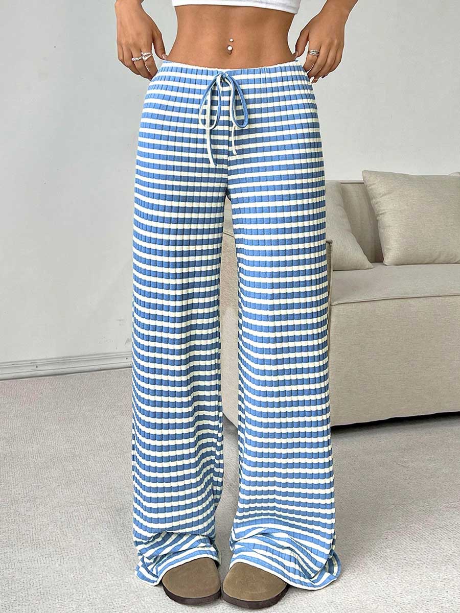 Elasticated Waist High Waisted Contrast Color Drawstring Split-Joint Striped Pants - Image 3