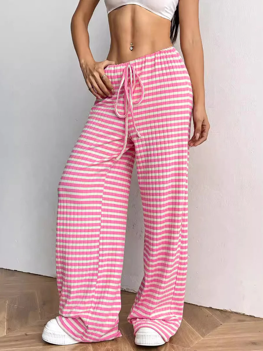 Elasticated Waist High Waisted Contrast Color Drawstring Split-Joint Striped Pants - Image 4