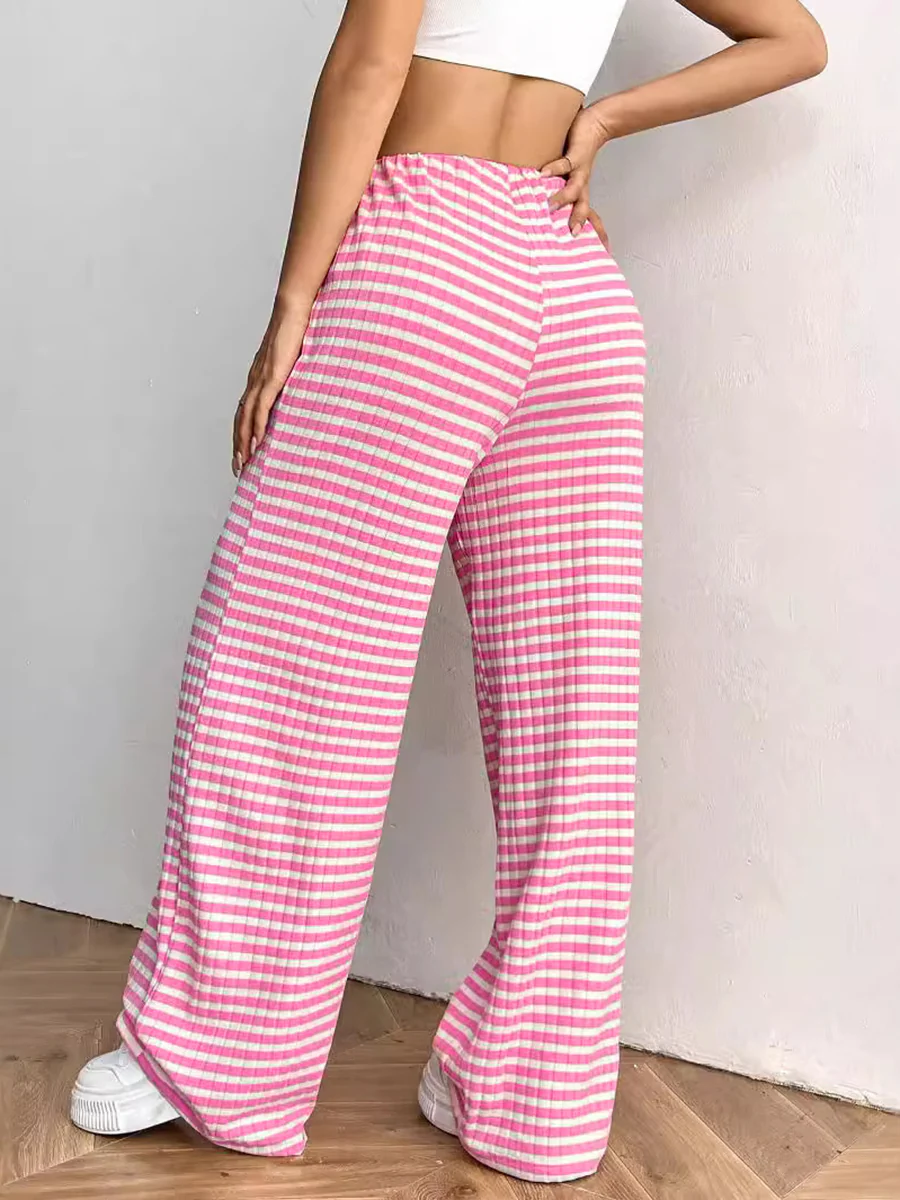 Elasticated Waist High Waisted Contrast Color Drawstring Split-Joint Striped Pants - Image 5