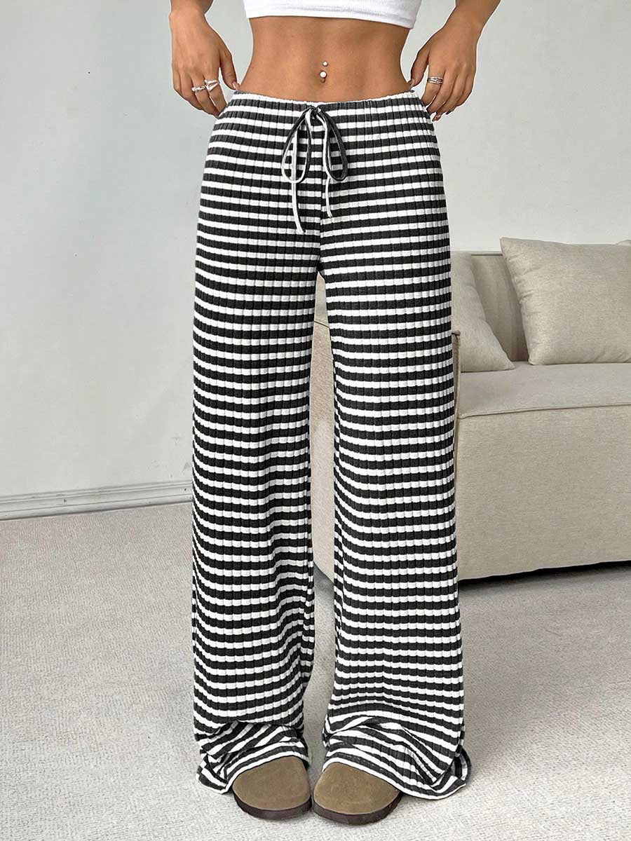 Elasticated Waist High Waisted Contrast Color Drawstring Split-Joint Striped Pants - Image 9