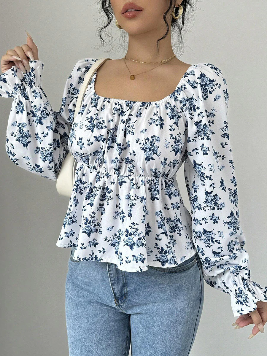 Elasticated Waist High Waisted Contrast Color Flower Print Pleated Ruffled Split-Joint Square-Neck Blouses&Shirts Tops