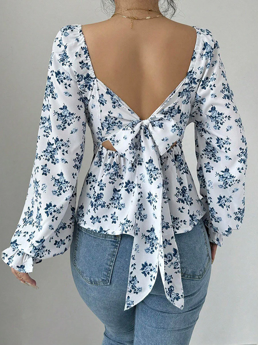Elasticated Waist High Waisted Contrast Color Flower Print Pleated Ruffled Split-Joint Square-Neck Blouses&Shirts Tops - Image 2