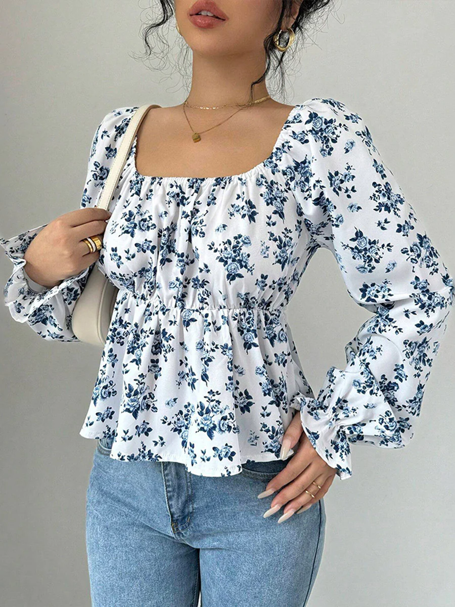 Elasticated Waist High Waisted Contrast Color Flower Print Pleated Ruffled Split-Joint Square-Neck Blouses&Shirts Tops - Image 3