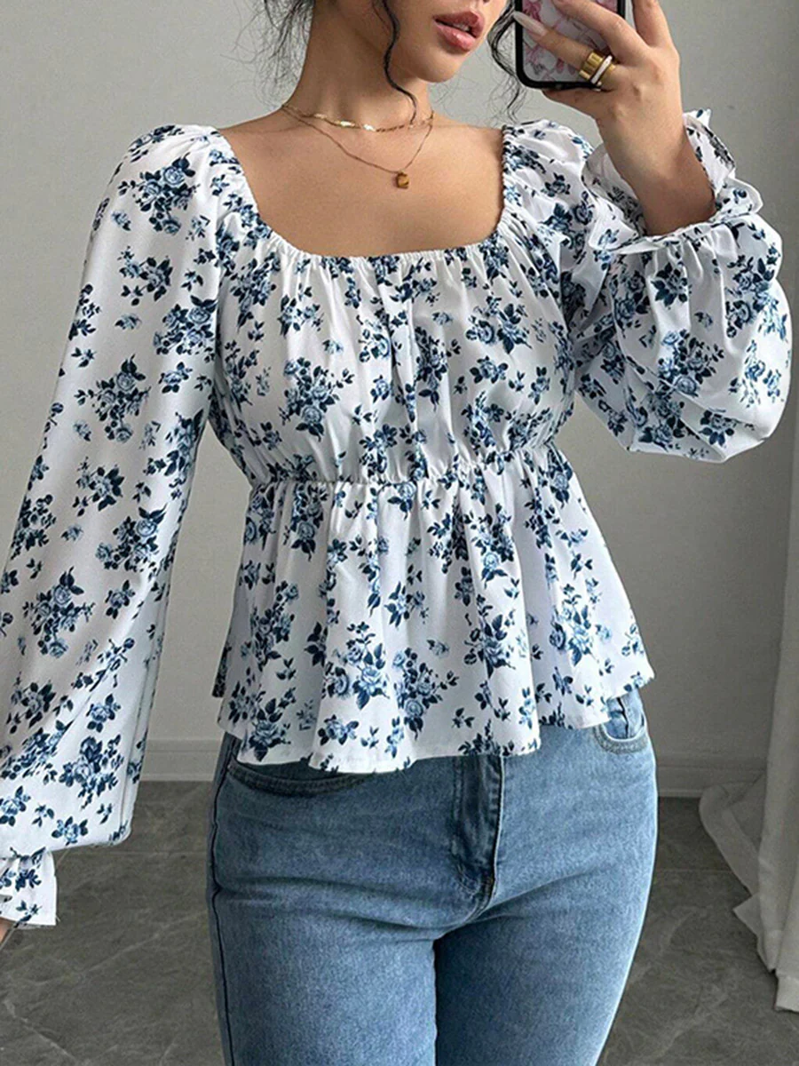 Elasticated Waist High Waisted Contrast Color Flower Print Pleated Ruffled Split-Joint Square-Neck Blouses&Shirts Tops - Image 4
