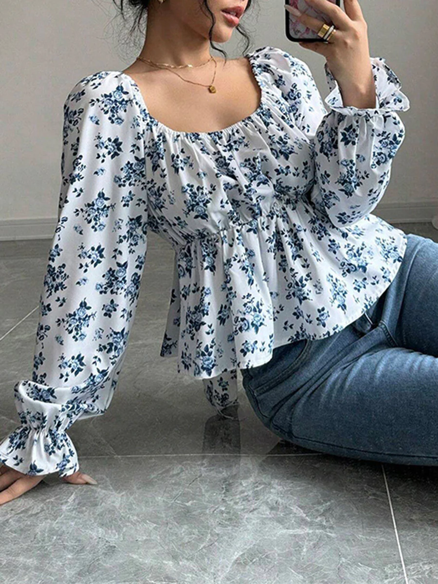 Elasticated Waist High Waisted Contrast Color Flower Print Pleated Ruffled Split-Joint Square-Neck Blouses&Shirts Tops - Image 5
