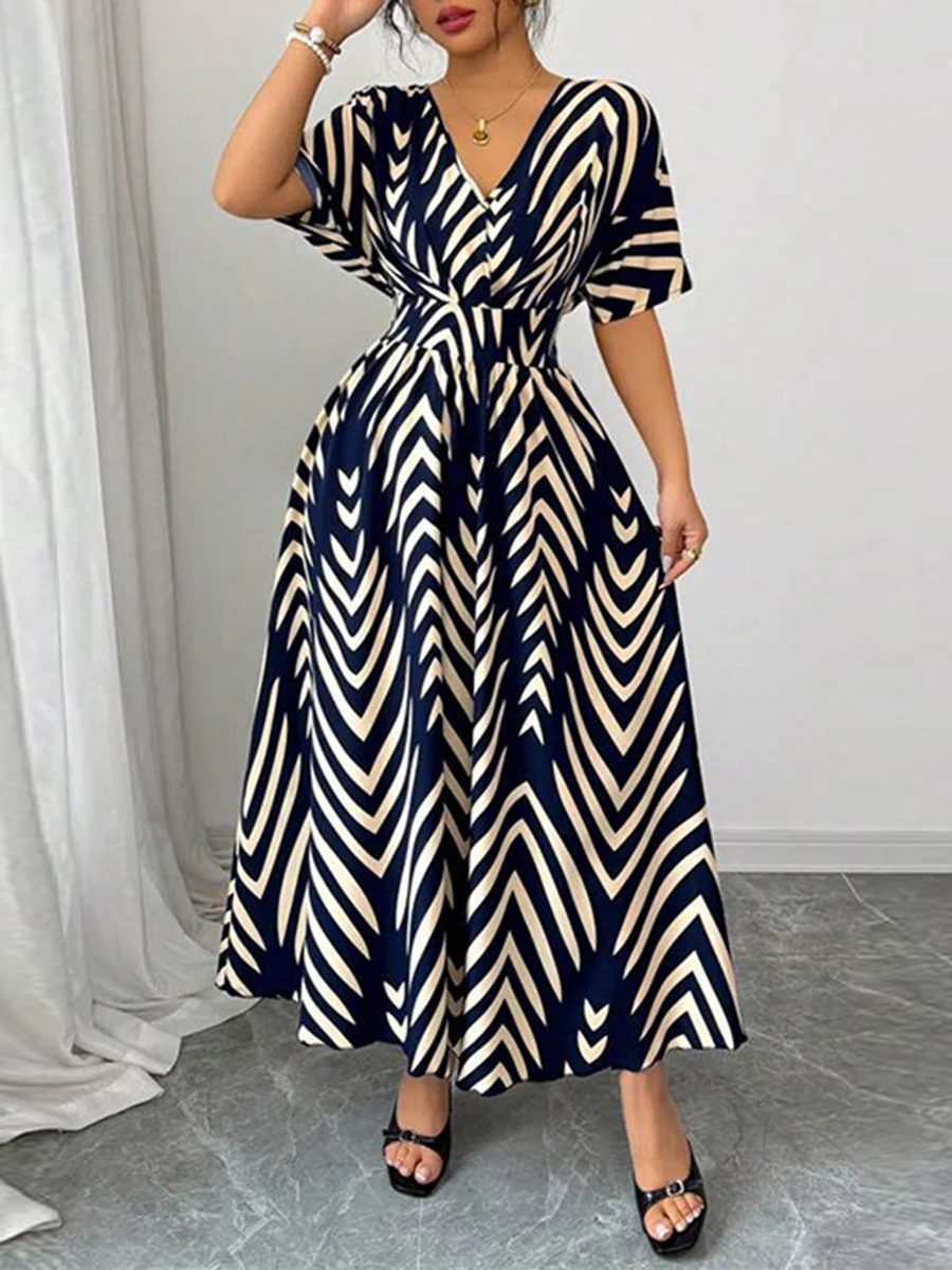 Elasticated Waist High Waisted Contrast Color Geometric Printed Split-Joint V-Neck Maxi Dresses - Image 2