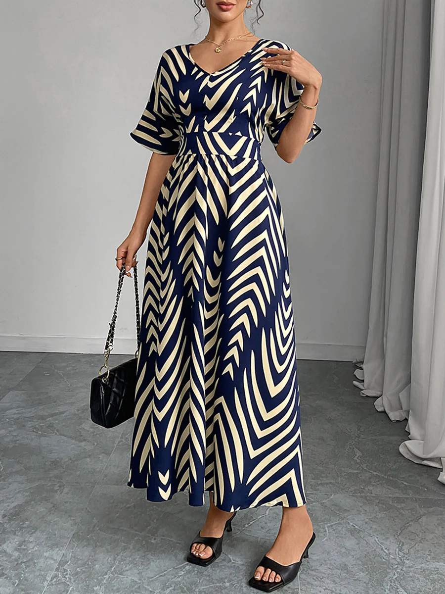 Elasticated Waist High Waisted Contrast Color Geometric Printed Split-Joint V-Neck Maxi Dresses - Image 3