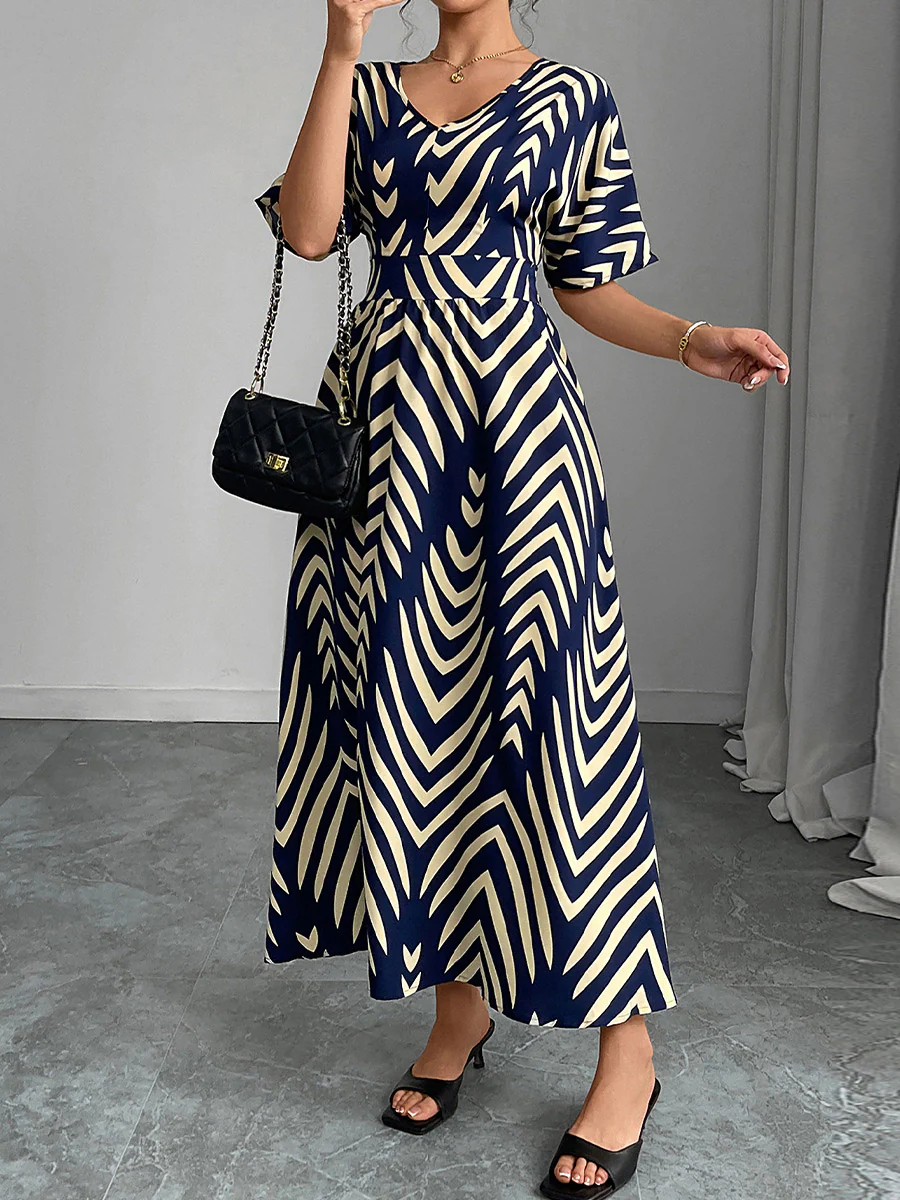 Elasticated Waist High Waisted Contrast Color Geometric Printed Split-Joint V-Neck Maxi Dresses - Image 4