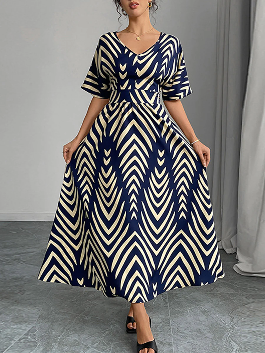 Elasticated Waist High Waisted Contrast Color Geometric Printed Split-Joint V-Neck Maxi Dresses - Image 5
