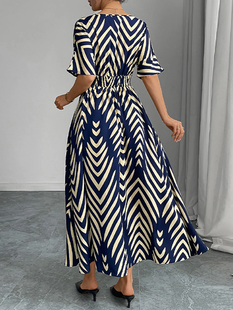 Elasticated Waist High Waisted Contrast Color Geometric Printed Split-Joint V-Neck Maxi Dresses - Image 6