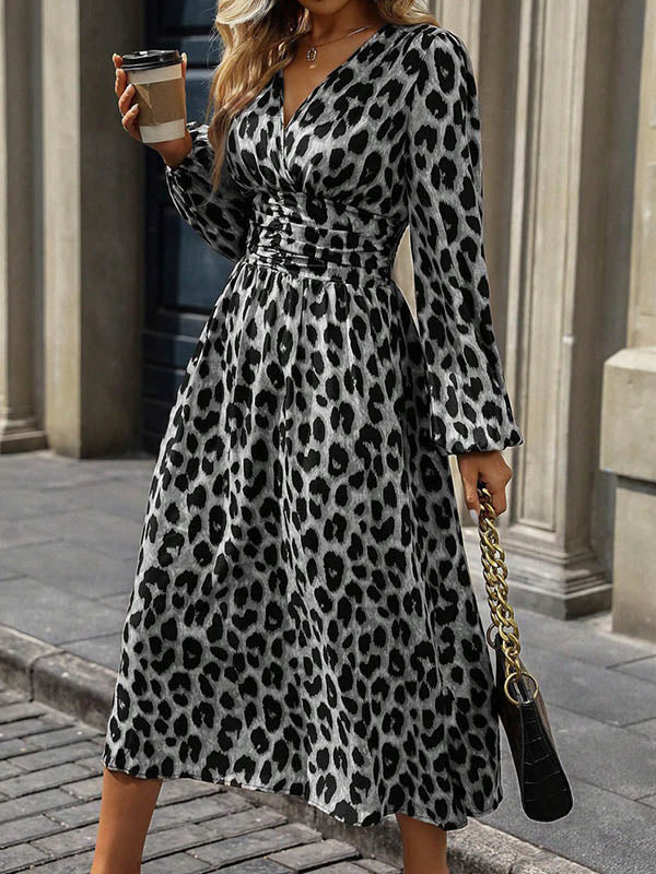 Elasticated Waist High Waisted Contrast Color Leopard Pleated Split-Joint V-Neck Maxi Dresses - Image 10