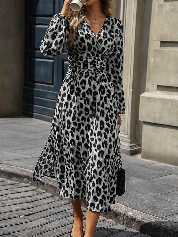 Elasticated Waist High Waisted Contrast Color Leopard Pleated Split-Joint V-Neck Maxi Dresses - Image 11