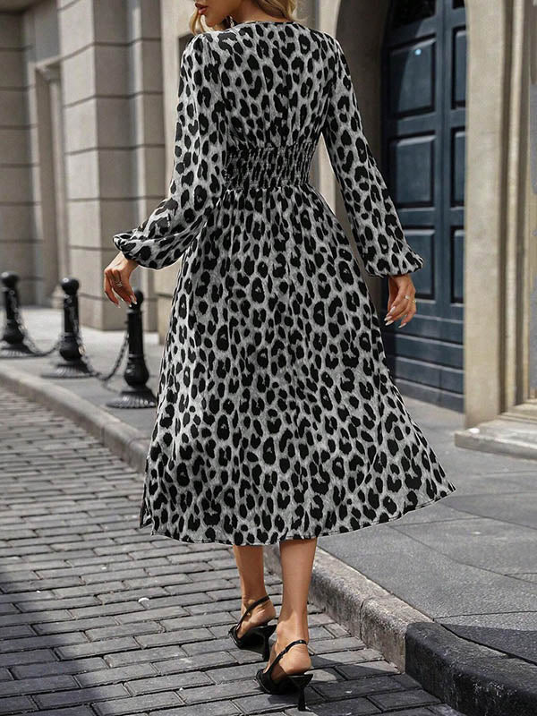 Elasticated Waist High Waisted Contrast Color Leopard Pleated Split-Joint V-Neck Maxi Dresses - Image 12