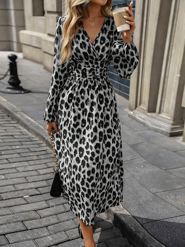 Elasticated Waist High Waisted Contrast Color Leopard Pleated Split-Joint V-Neck Maxi Dresses - Image 13