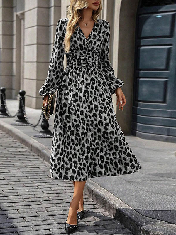 Elasticated Waist High Waisted Contrast Color Leopard Pleated Split-Joint V-Neck Maxi Dresses - Image 14