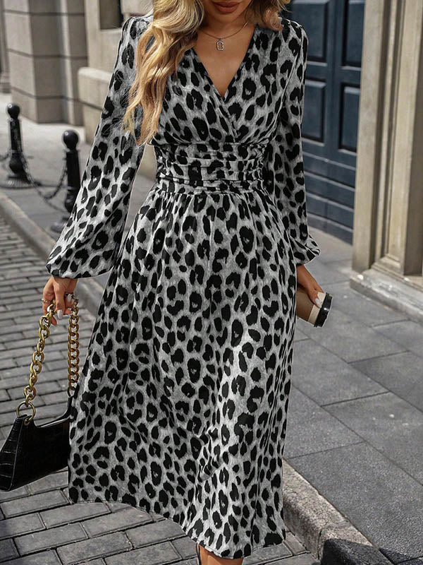 Elasticated Waist High Waisted Contrast Color Leopard Pleated Split-Joint V-Neck Maxi Dresses - Image 15