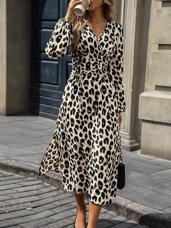 Elasticated Waist High Waisted Contrast Color Leopard Pleated Split-Joint V-Neck Maxi Dresses - Image 16