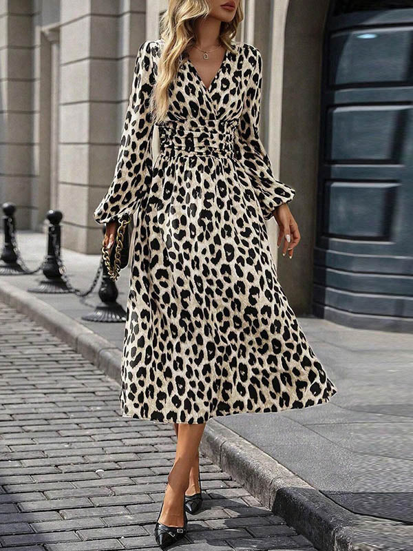 Elasticated Waist High Waisted Contrast Color Leopard Pleated Split-Joint V-Neck Maxi Dresses - Image 17