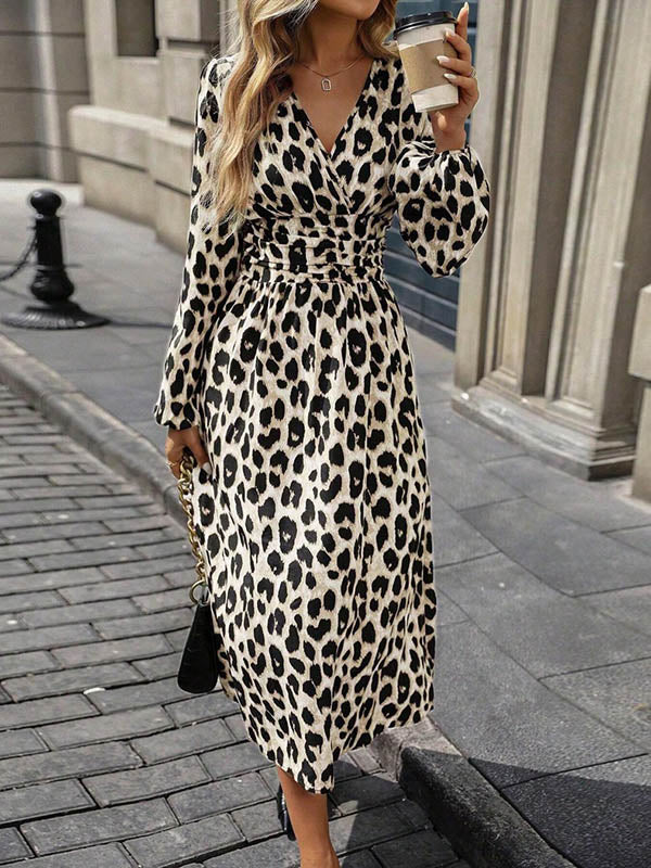 Elasticated Waist High Waisted Contrast Color Leopard Pleated Split-Joint V-Neck Maxi Dresses - Image 18