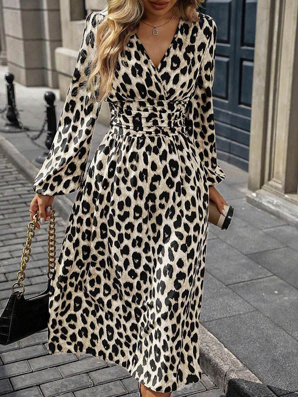 Elasticated Waist High Waisted Contrast Color Leopard Pleated Split-Joint V-Neck Maxi Dresses - Image 19