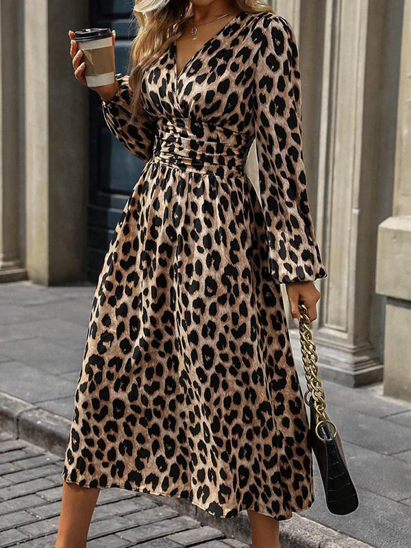 Elasticated Waist High Waisted Contrast Color Leopard Pleated Split-Joint V-Neck Maxi Dresses - Image 2