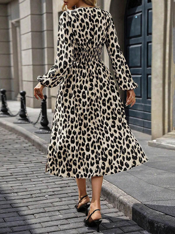 Elasticated Waist High Waisted Contrast Color Leopard Pleated Split-Joint V-Neck Maxi Dresses - Image 20