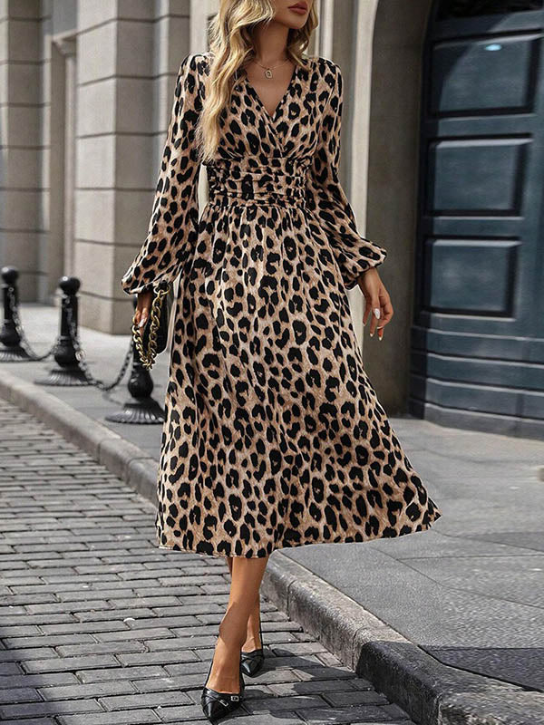 Elasticated Waist High Waisted Contrast Color Leopard Pleated Split-Joint V-Neck Maxi Dresses - Image 4