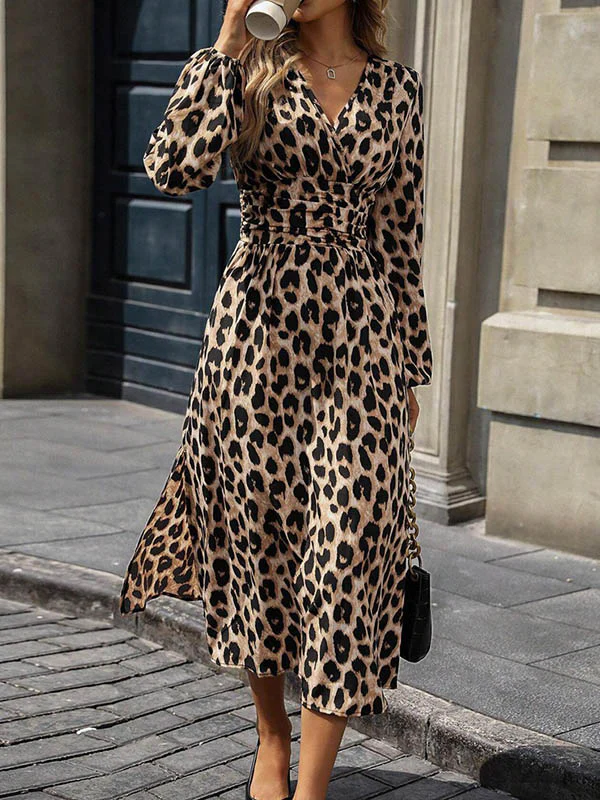 Elasticated Waist High Waisted Contrast Color Leopard Pleated Split-Joint V-Neck Maxi Dresses - Image 5